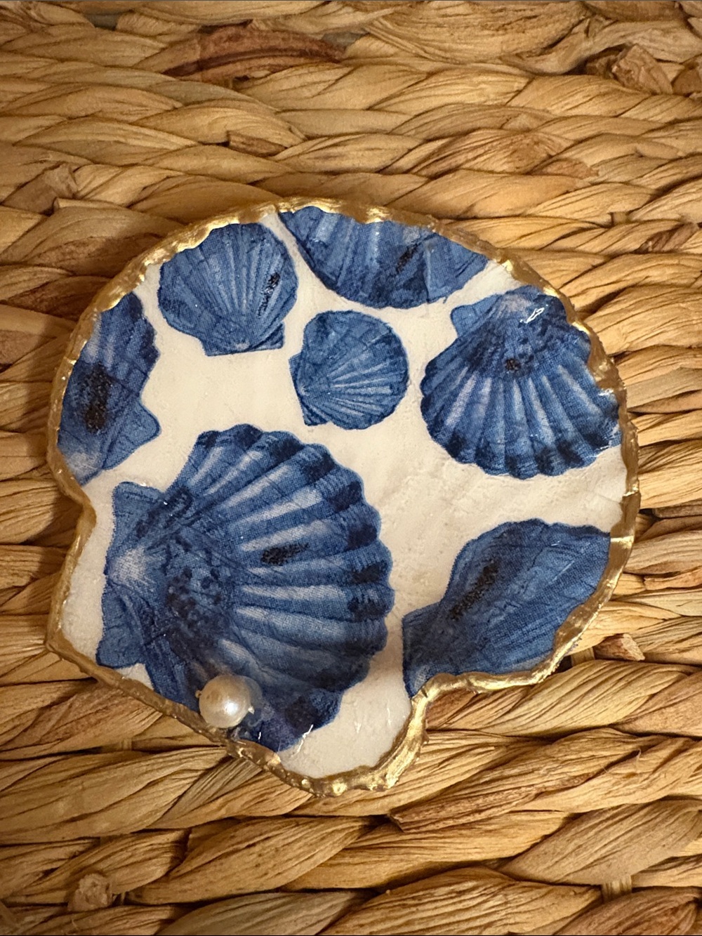 Hand Crafted Blue Shell Trinket Dish with Gold Rim - Home Art